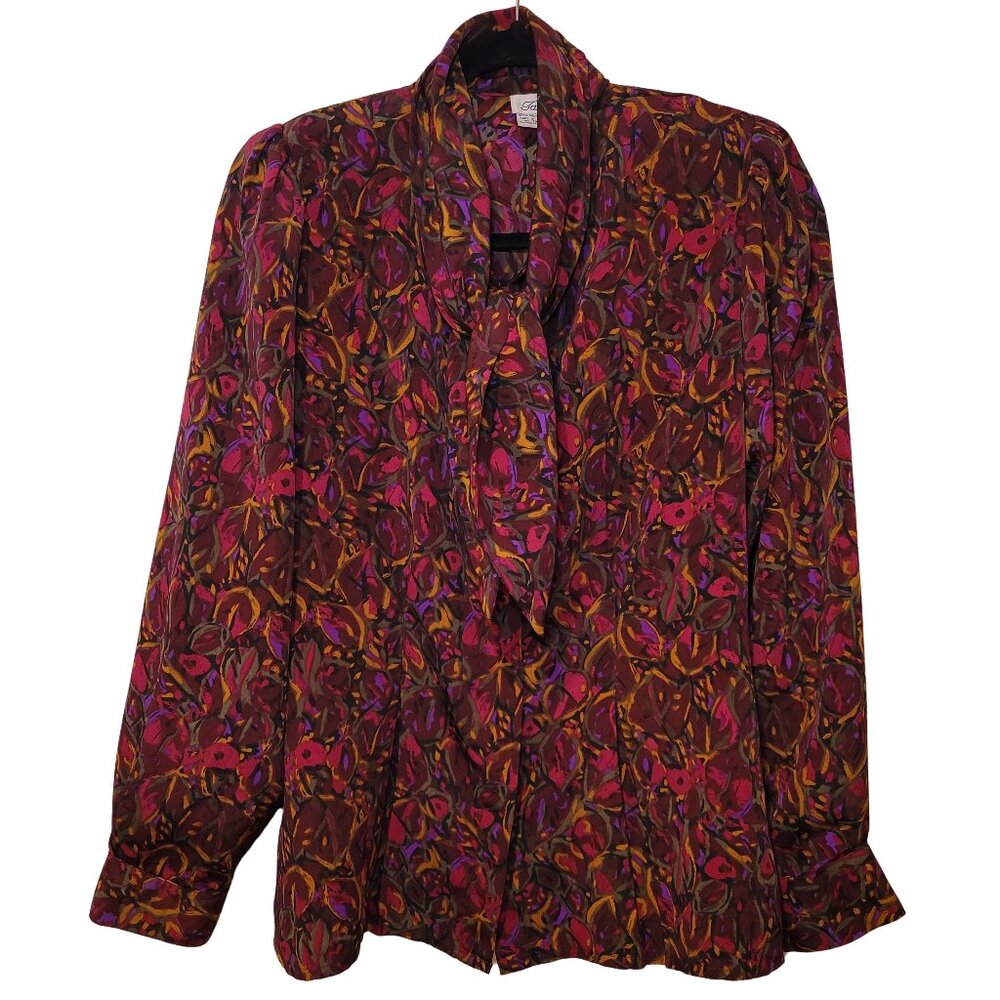 Vintage 80's Floral Neck Tie Button Up Floral Blouse Size 8